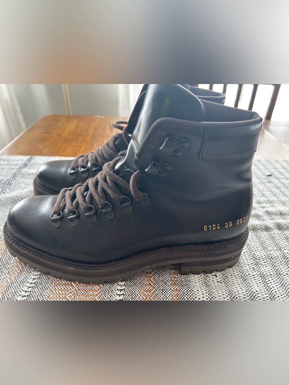 Woman by Common Projects brown Leather Lug-Sole Hiking Boot with Gold Foil Numbe